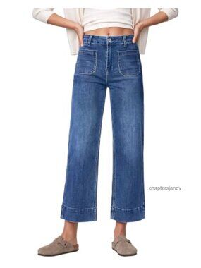 High Waisted Wide Leg Cropped Jeans Stretch Denim Front Pockets